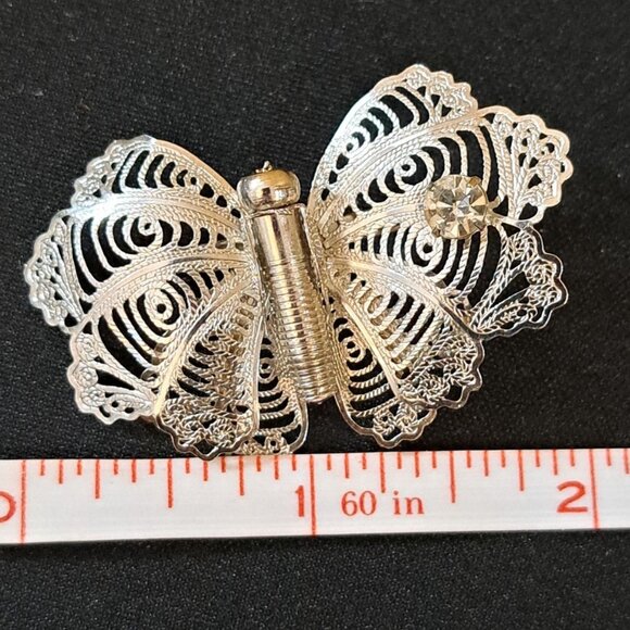 Vintage Silver Filigree Butterfly Brooch Pin With A Crystal Rhinestone On A Wing - Picture 3 of 4